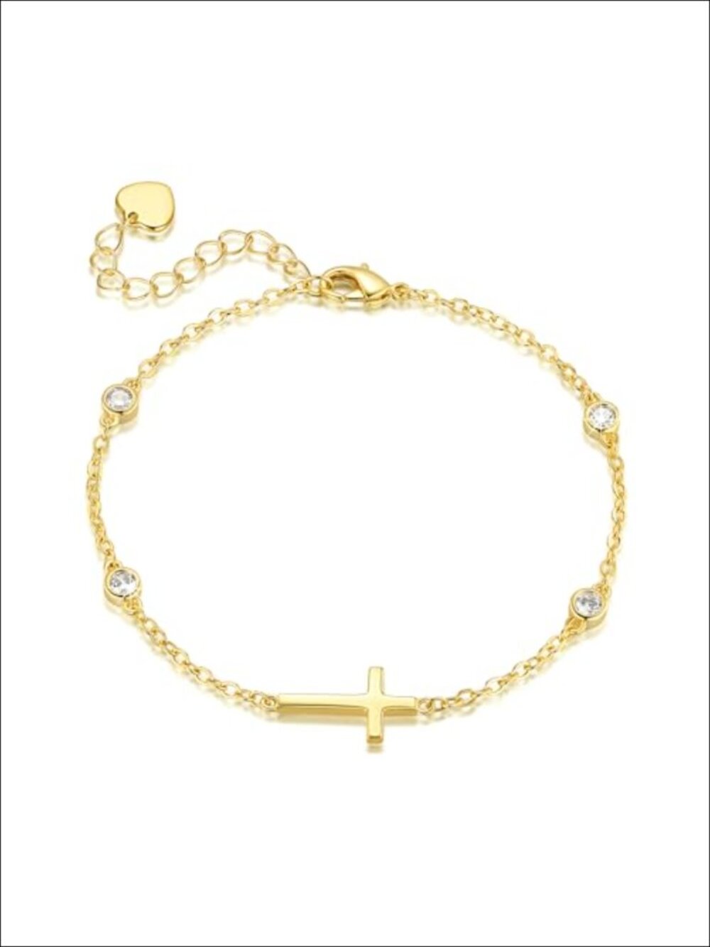 14k Gold Plated Horizontal Cross Bracelet with Cubic Zirconia Link Chain